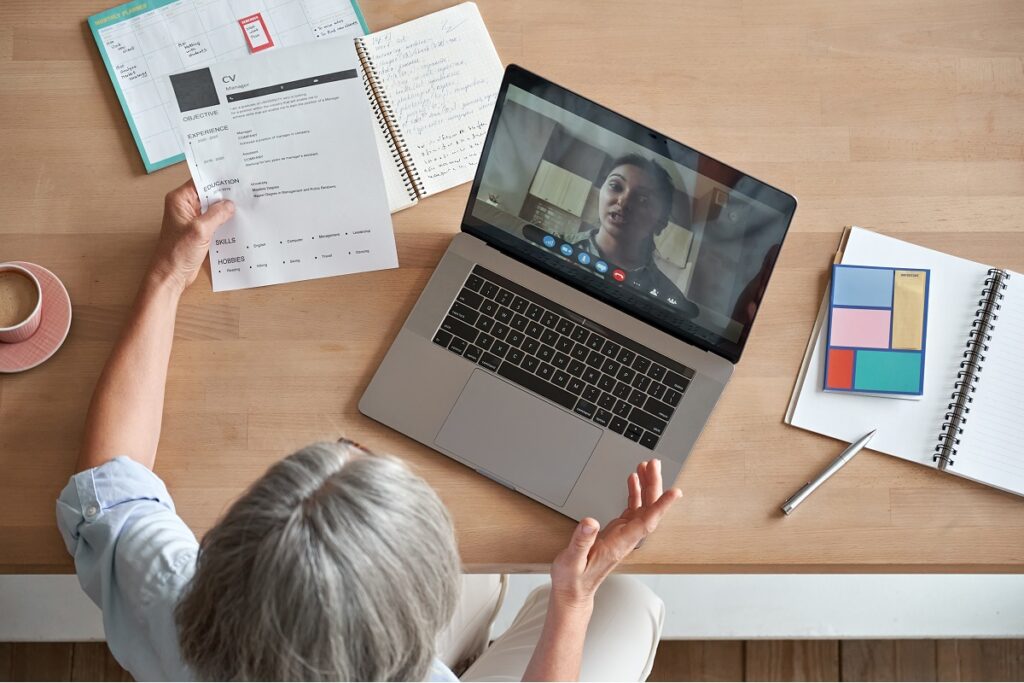 top view of a computer screen showing a virtual interview