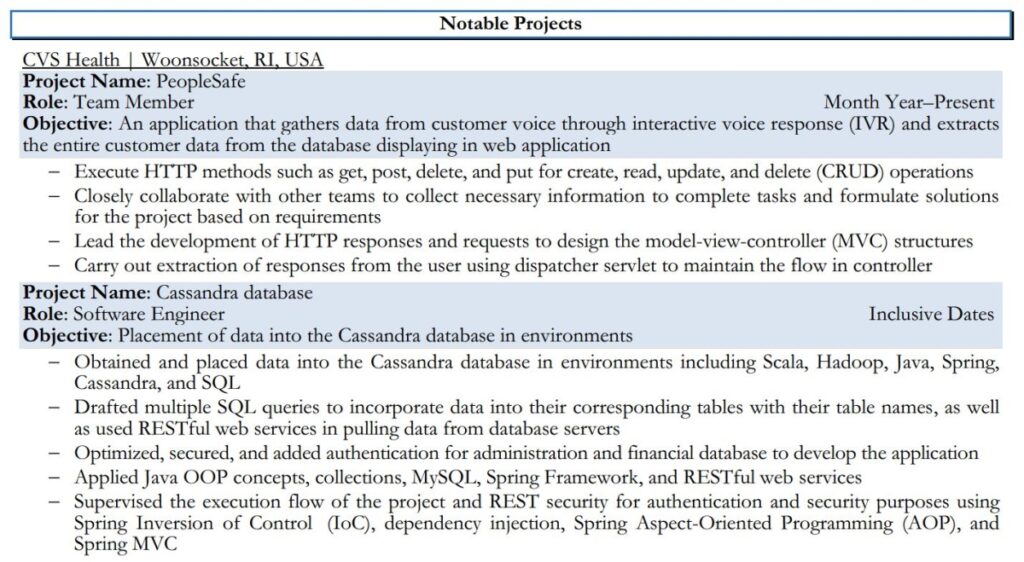 projects section of software engineer resume