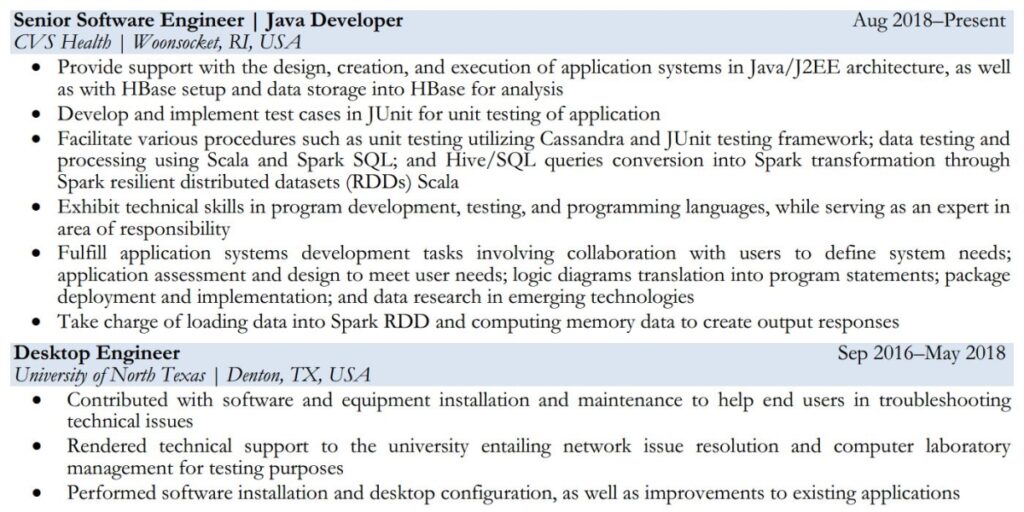 work history section of software engineer resume