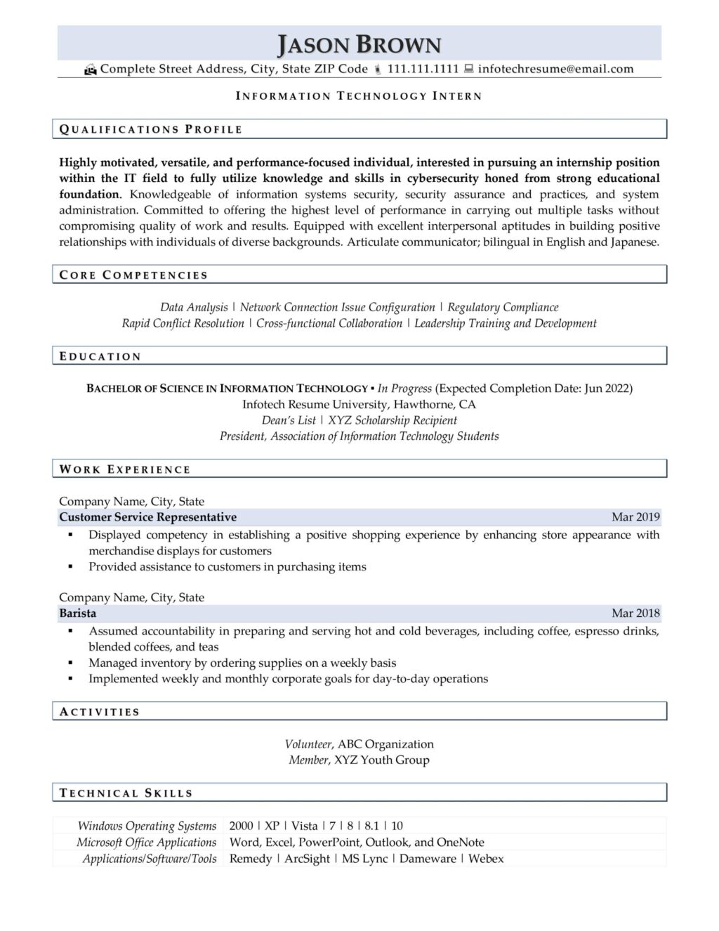 IT internship resume example prepared by Infotech Resume