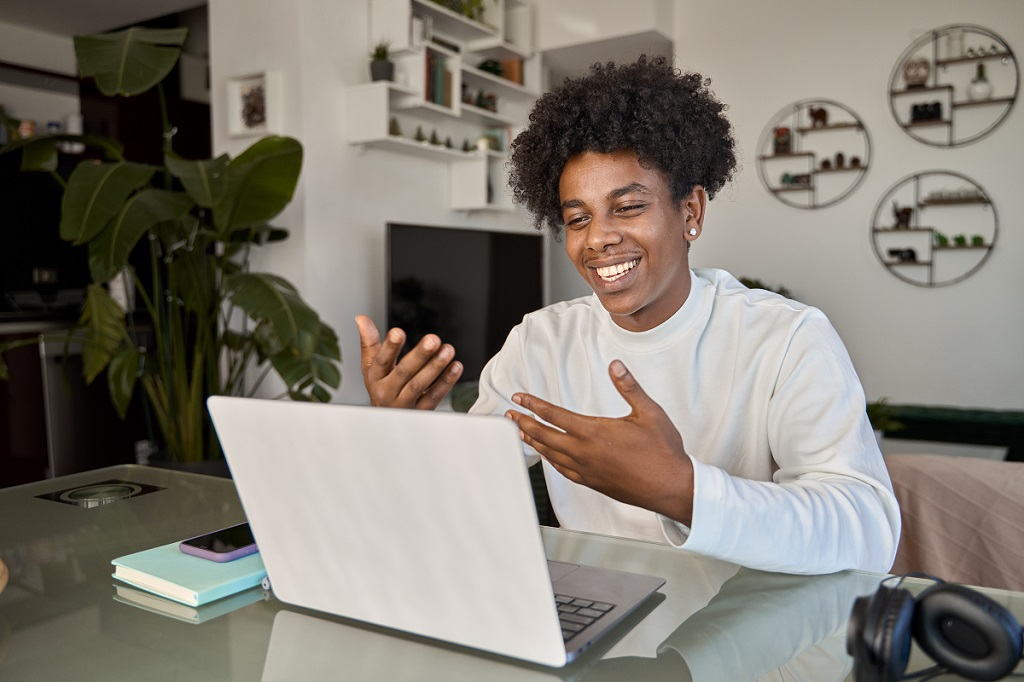 a confident applicant speaking in a virtual interview