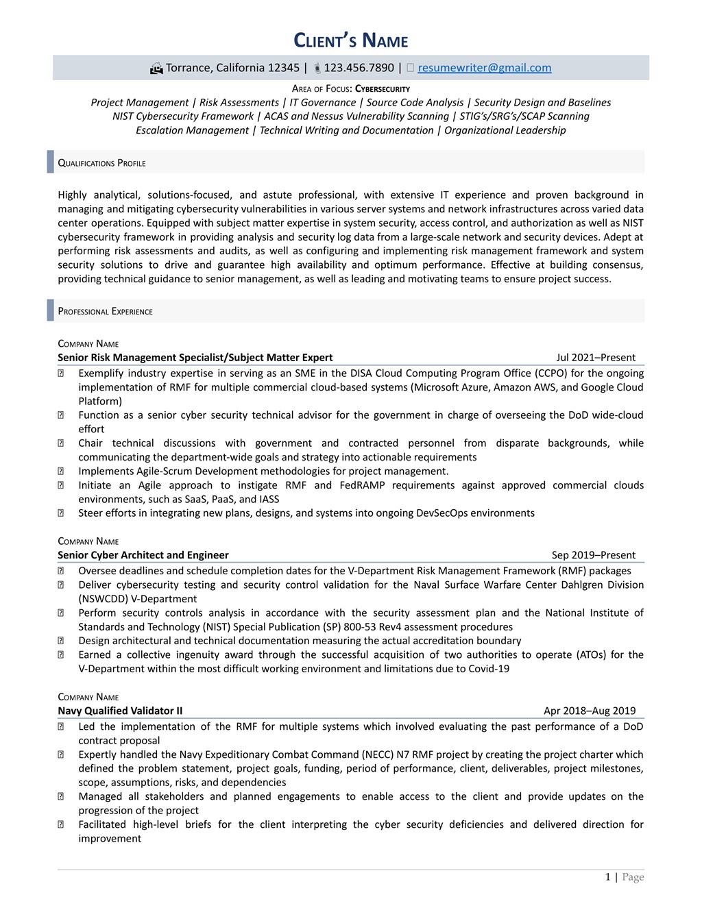 cyber security analyst resume example page one