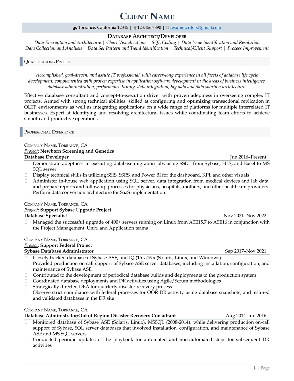 database developer resume example page one