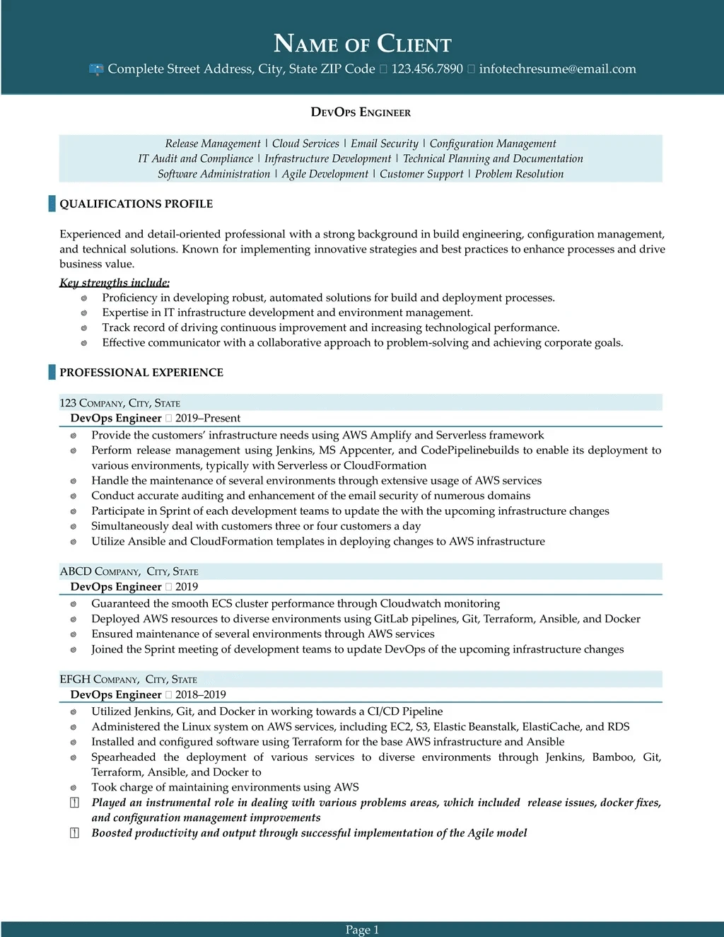 DevOps Engineer resume example page one