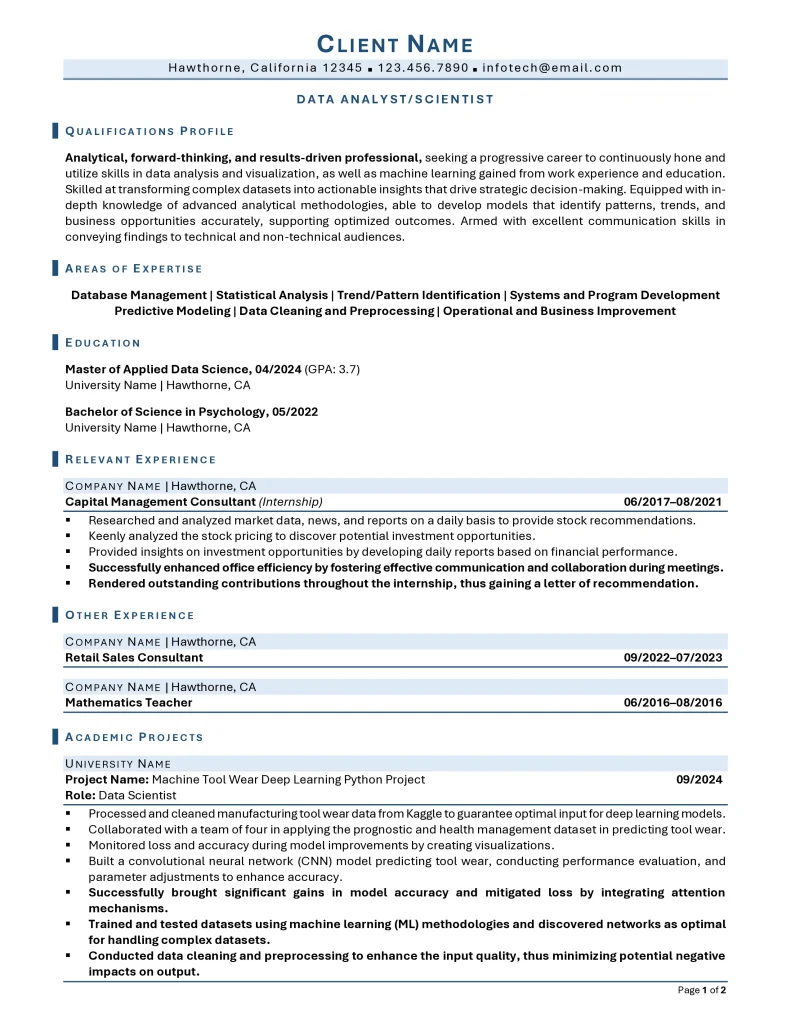 entry level data analyst resume example page 1