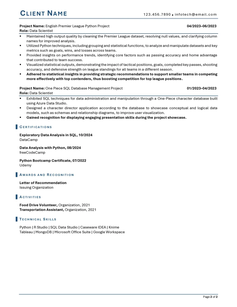 entry level data analyst resume example page 2