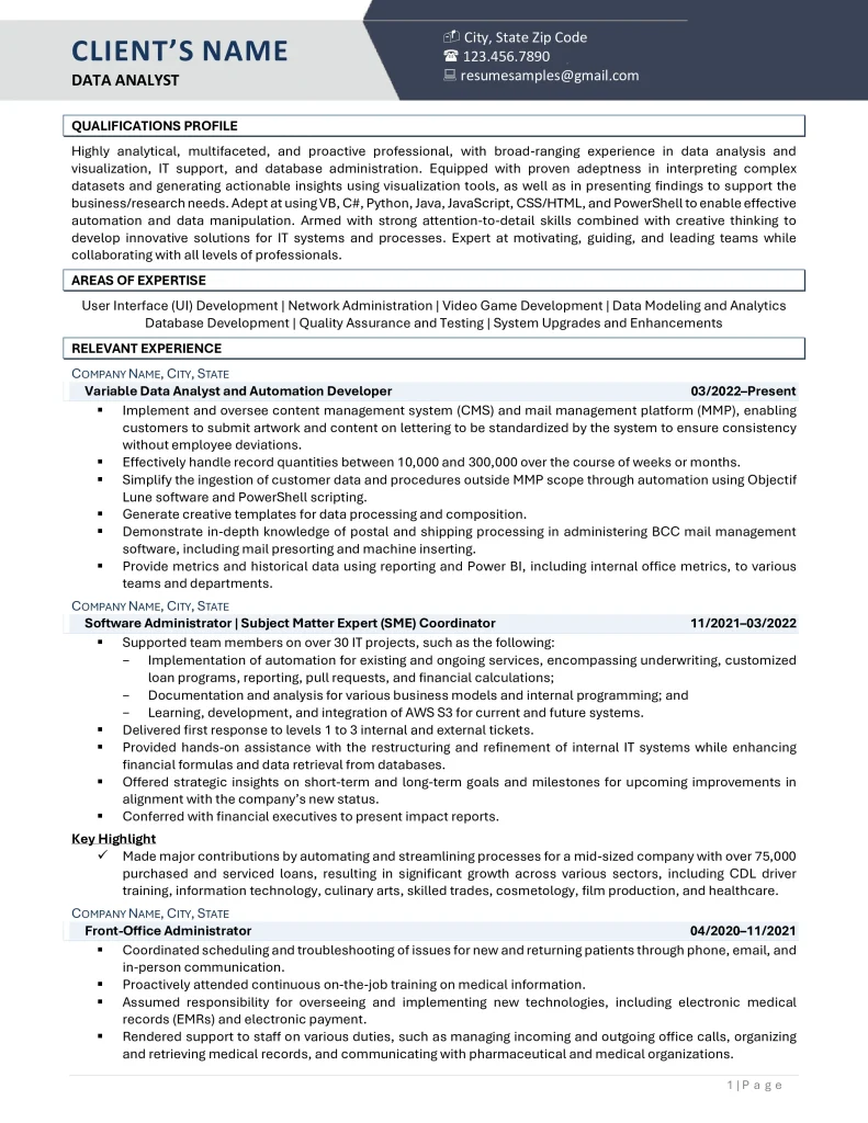 experienced data analyst resume example page 1