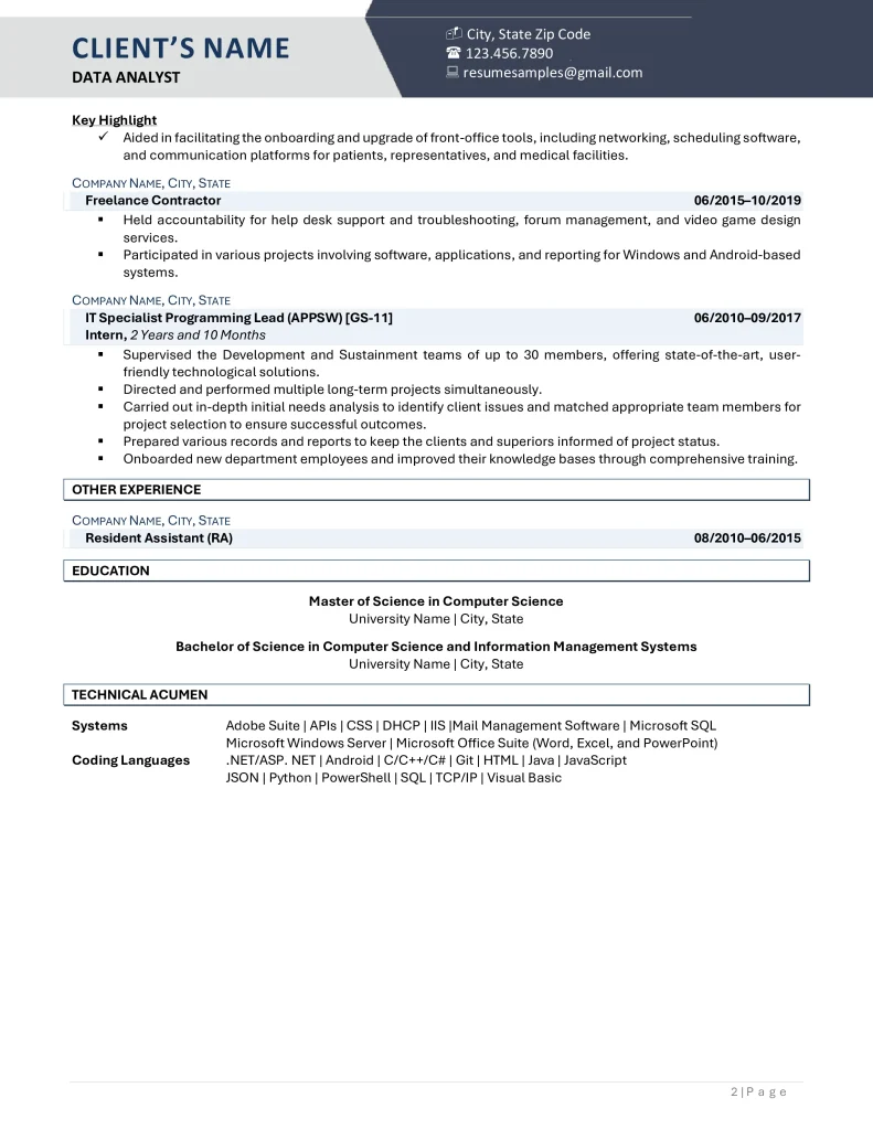 experienced data analyst resume example page 2