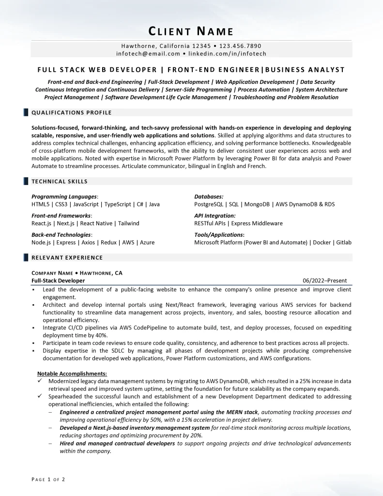 full stack web developer resume example page 1