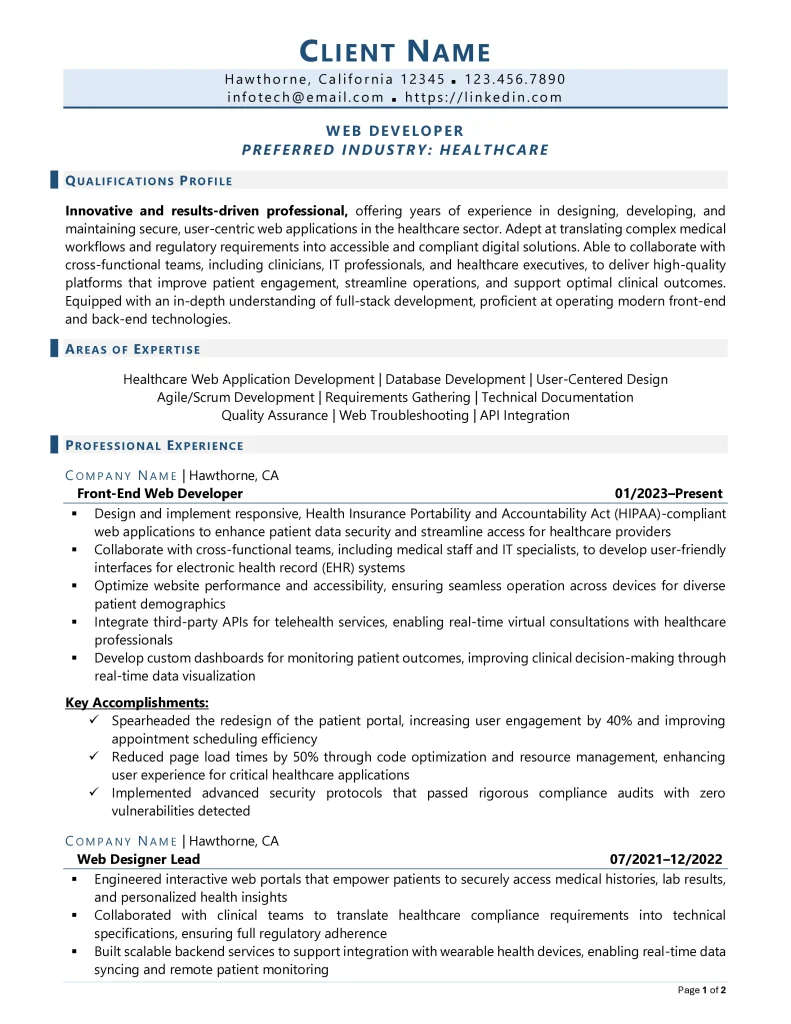 healthcare web developer resume example page 1