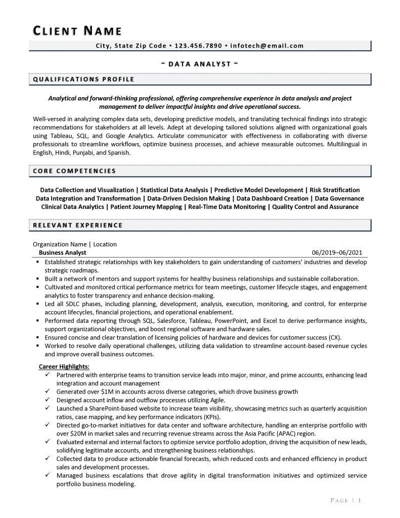 intermediate level data analyst resume example page 1