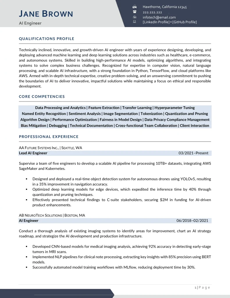 ai engineer resume example page 1