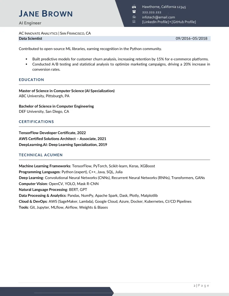 ai engineer resume example page 2