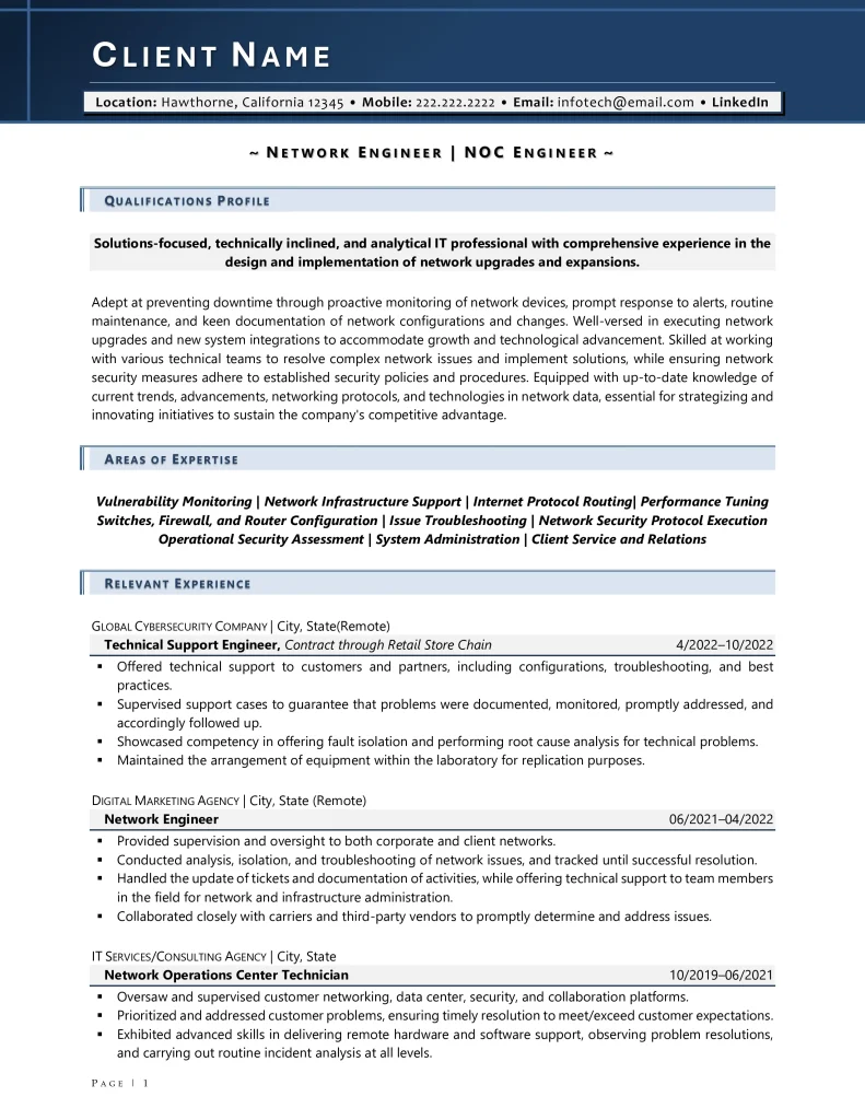 network engineer resume example page 1