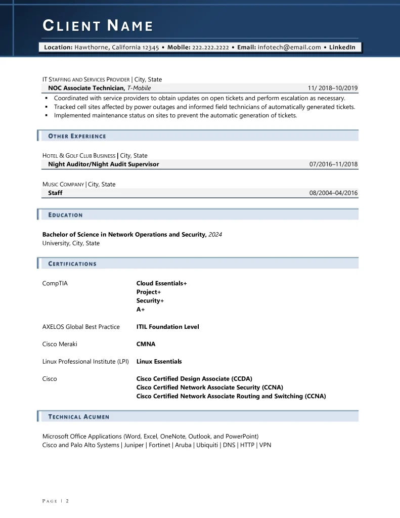 network engineer resume example page 2