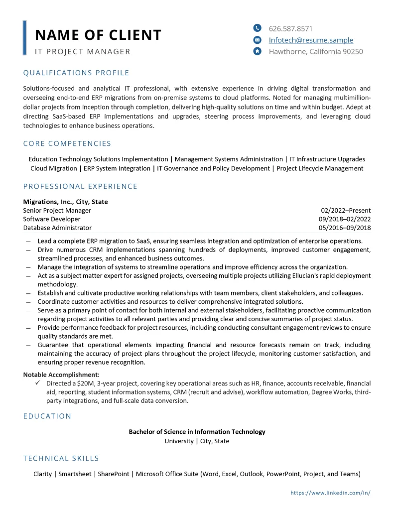 it project manager resume example